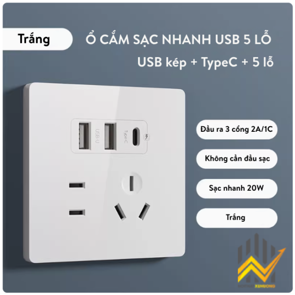 Công tắc thương hiệu Guo Ji Dian Cong 014 - Trắng - 5 lỗ + 2USB + TypeC
