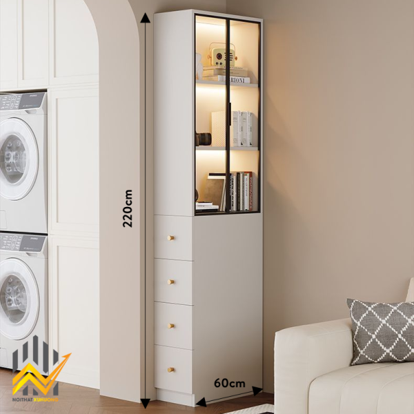 Tủ sách cánh nhôm kính + gỗ MDF lõi xanh màu Trắng/Xám tiết kiệm không gian 1