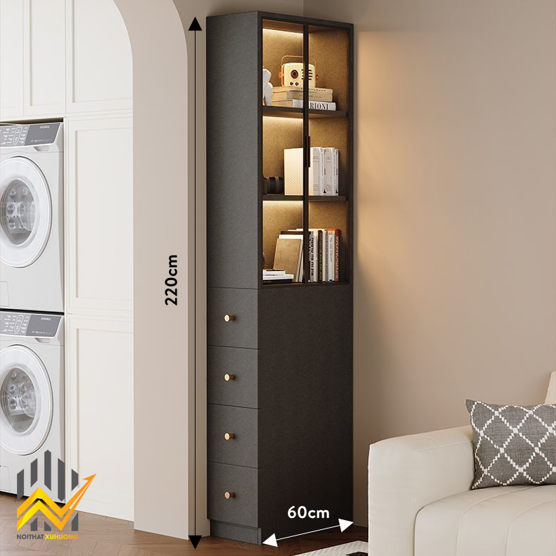Tủ sách cánh nhôm kính + gỗ MDF lõi xanh màu Trắng/Xám tiết kiệm không gian 2