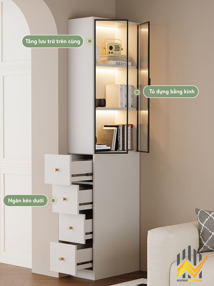 Tủ sách cánh nhôm kính + gỗ MDF lõi xanh màu Trắng/Xám tiết kiệm không gian 7