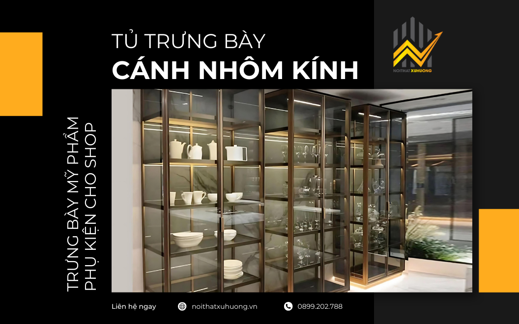 Mẫu tủ cánh nhôm kính trưng bày mỹ phẩm, phụ kiện cho shop tại TP.HCM 1