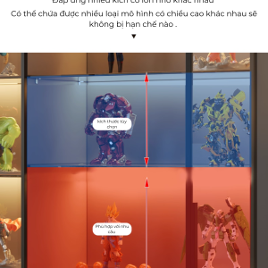 ✅ Thiết kế thông minh – tùy chỉnh linh hoạt Nhiều kích thước lựa chọn, phù hợp từng không gian từ phòng khách, phòng ngủ đến phòng trưng bày chuyên nghiệp. Tăng khoảng cách giữa các tầng, giúp bạn dễ dàng bố trí mô hình lớn nhỏ khác nhau. Hệ thống đèn LED âm trần (tùy chọn), tôn vinh vẻ đẹp từng chi tiết mô hình. ✅ Phụ kiện cao cấp – độ hoàn thiện cao Bản lề, tay nắm, ray trượt… đều được lựa chọn kỹ lưỡng, đảm bảo vận hành êm ái và bền đẹp.