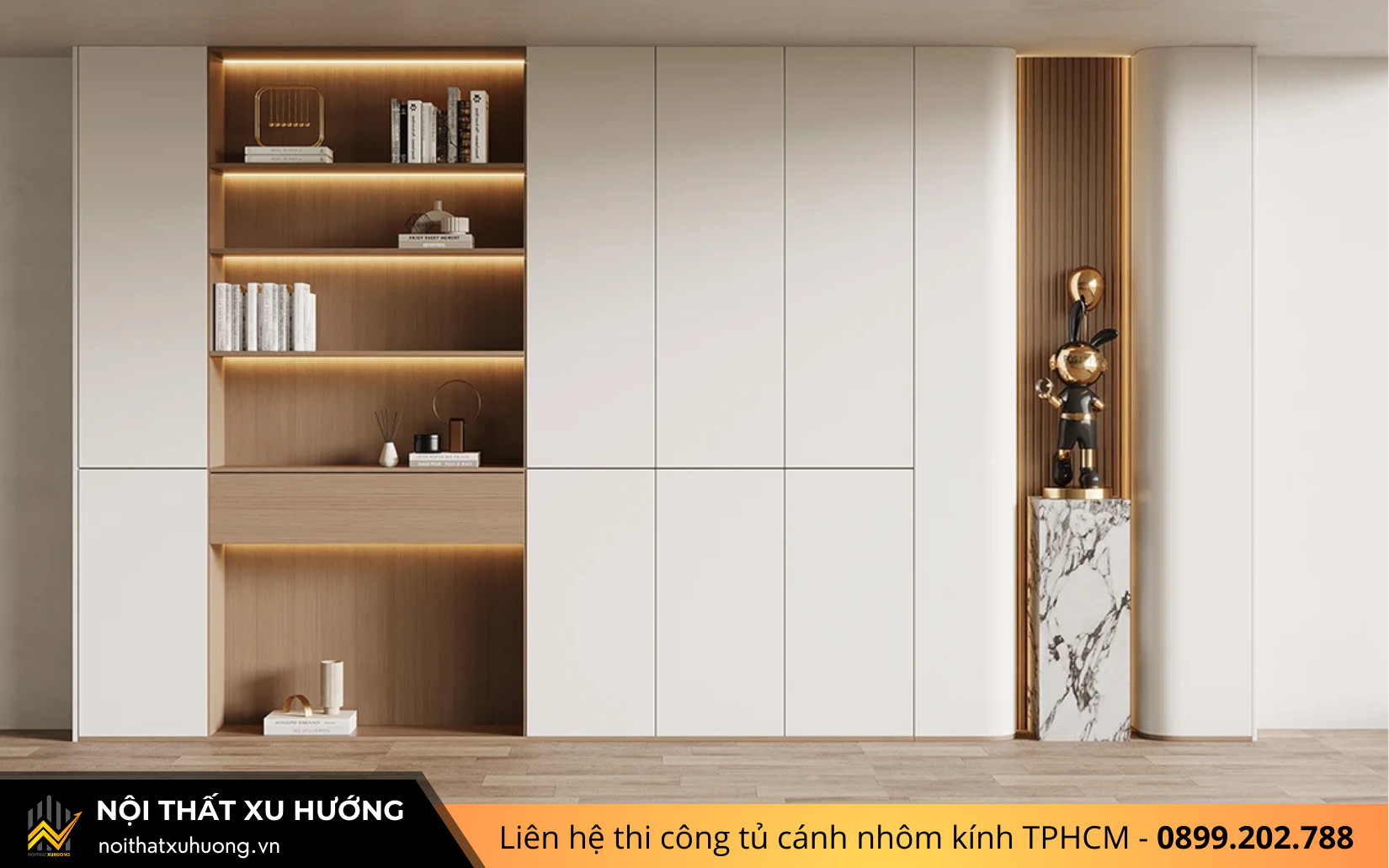 TỦ GỖ CÁNH NHÔM KÍNH TRƯNG BÀY KẾT HỢP TỦ QUẦN ÁO & TỦ SÁCH