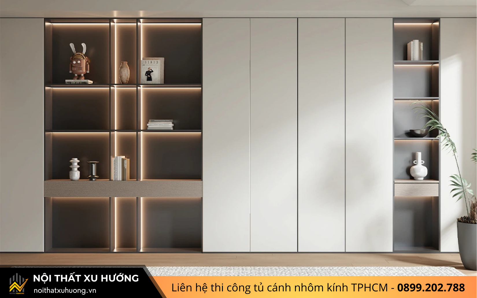 TỦ GỖ CÁNH NHÔM KÍNH TRƯNG BÀY KẾT HỢP TỦ QUẦN ÁO & TỦ SÁCH 